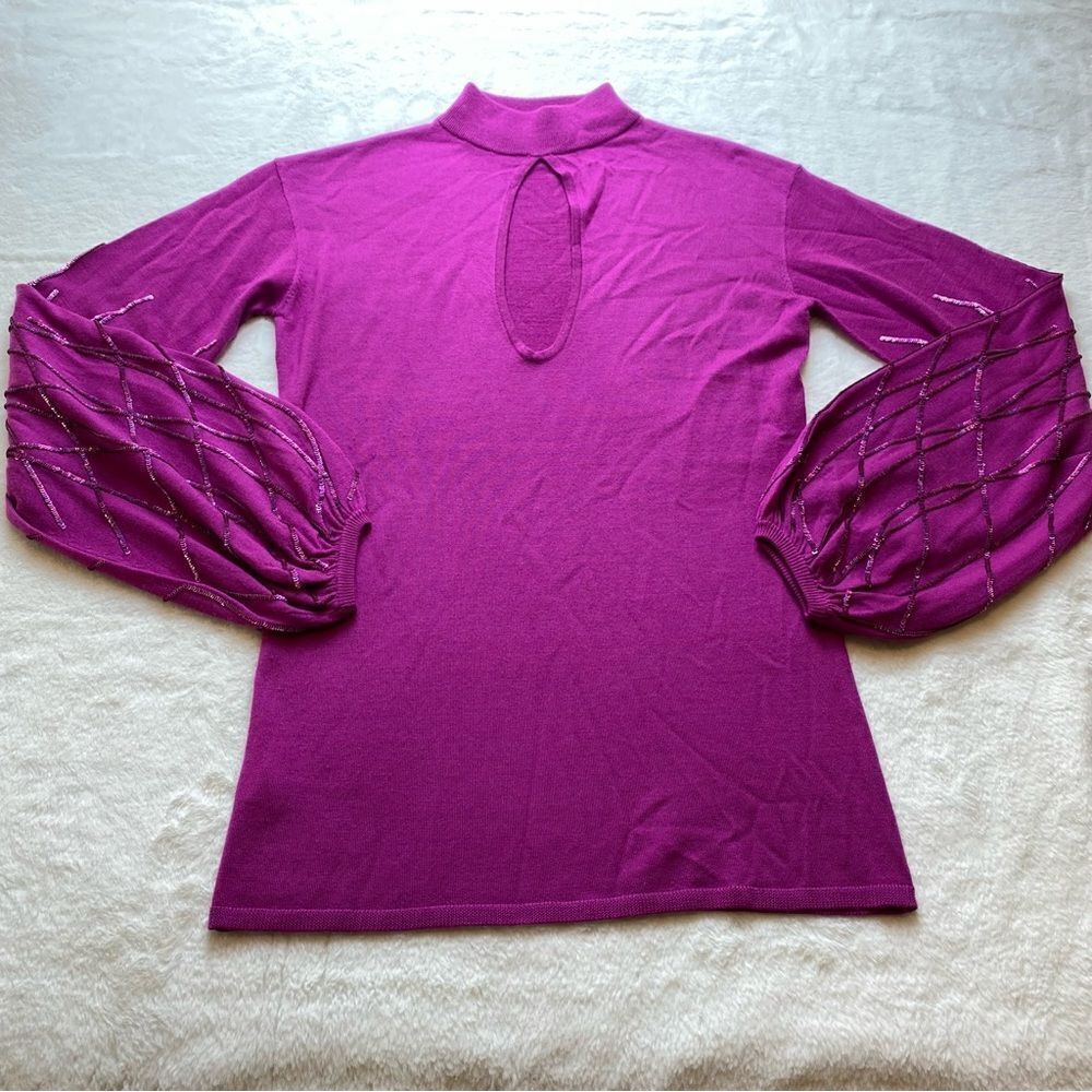 Worth New York Magenta Peep Hole Front Balloon Sleeve Knit Top Size XS